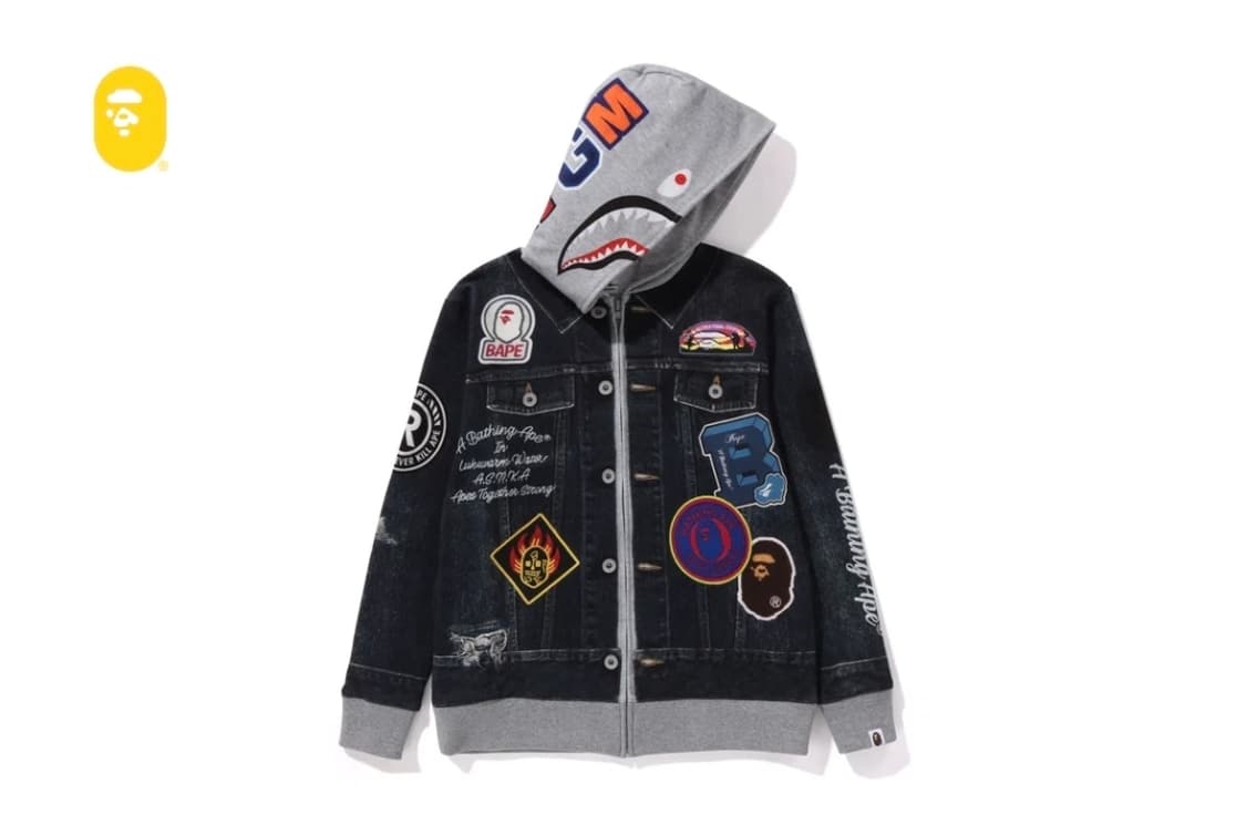 베이프 정품 주니어 160 샤크 베이프 엠블럼 데님 프린트 샤크후드 상품이미지1