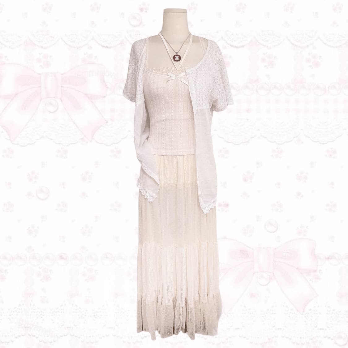 빈티지 크루 생화이트 페어리 시스루 4단 포인트 레이스 디테일 코디세트  상품이미지1