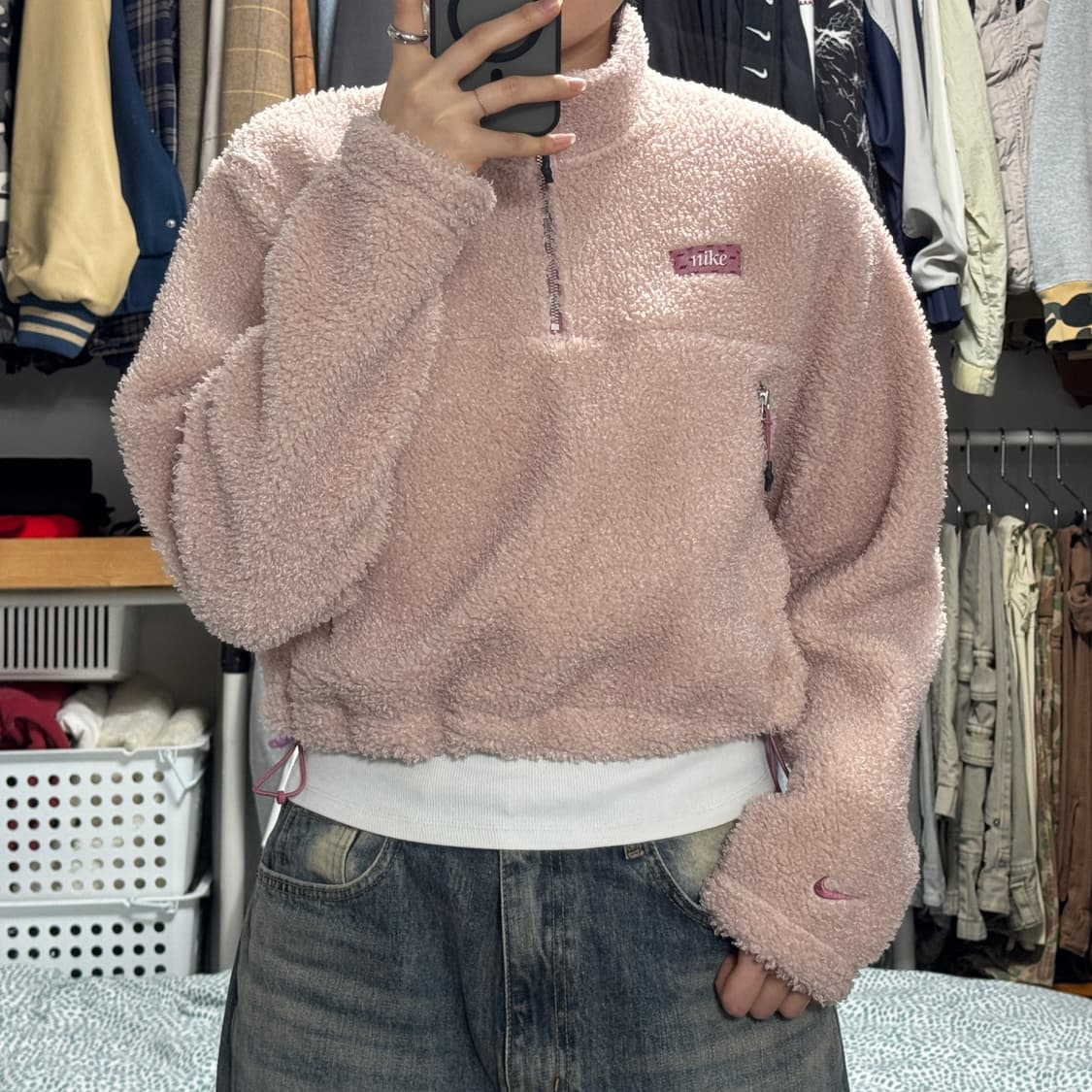 나이키 핑크 크롭 플리스 후리스 반집업 상품이미지1