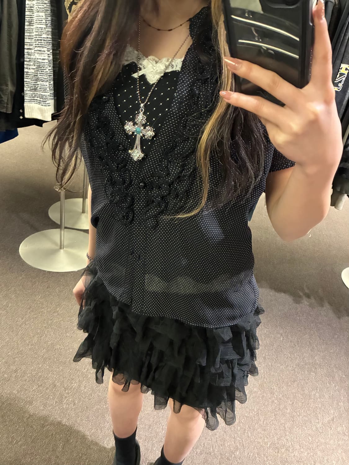 L)Japanese vintage 여성 도트무늬 프릴 시스루 블라우스 상품이미지2