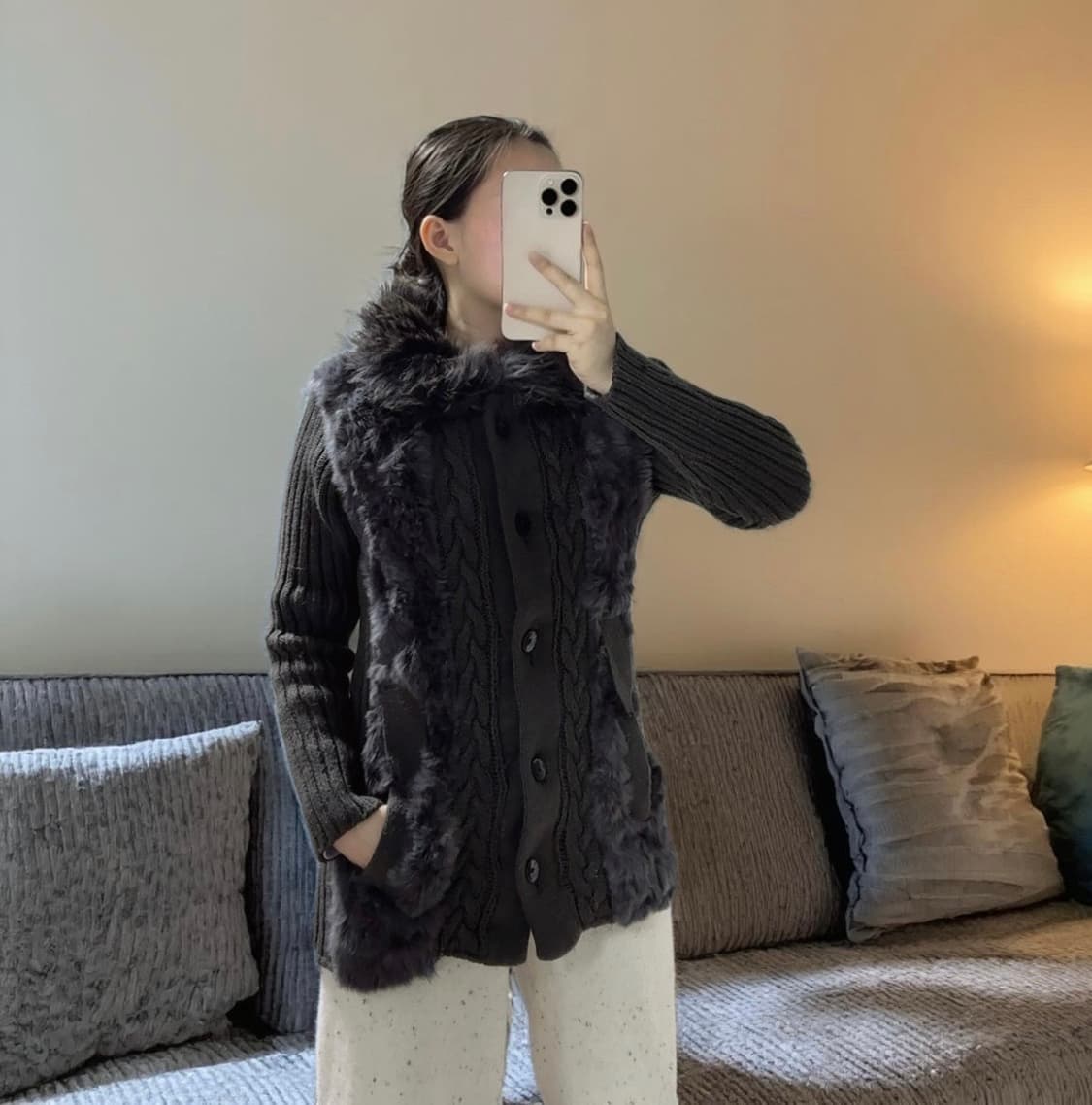빈티지 다크 보라 토끼털 그레이 꽈배기 니트 자켓 가디건 상품이미지5