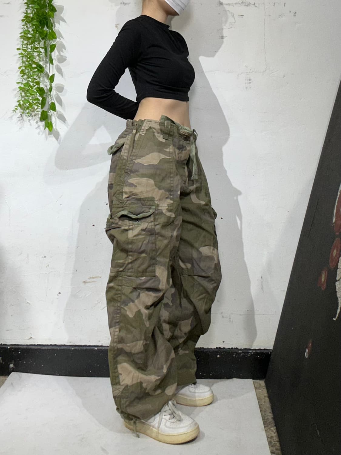 빈티지 카키 밀리터리 카모 와이드 포켓 디테일 카고 팬츠 힙합 바지 L 상품이미지1