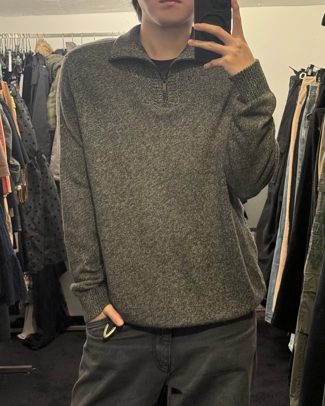 ck 캘빈클라인 진스 반집업 니트 스웨터 차콜 블랙 보카시 반목 목폴라 상품이미지1