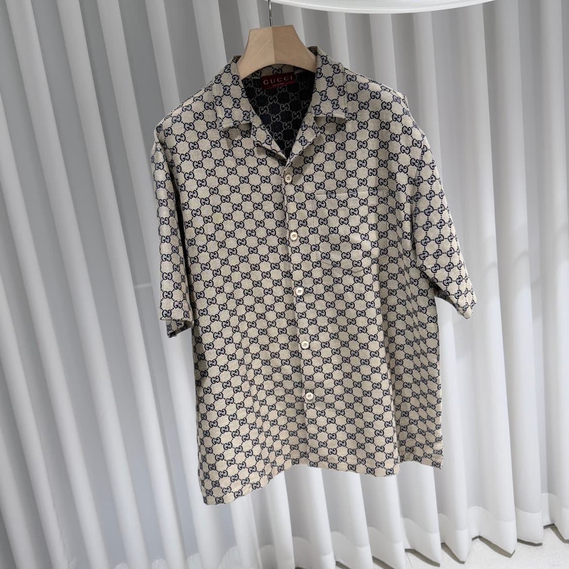 (S/48) / 구찌 GG 모노그램 카라 반팔 셔츠 베이지 상품이미지3