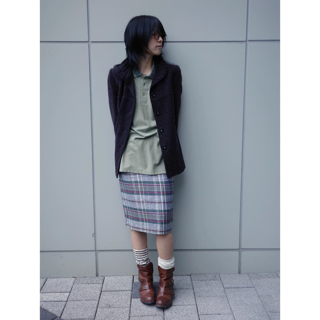 빈티지 그레이 체크 미디 스커트 상품이미지1