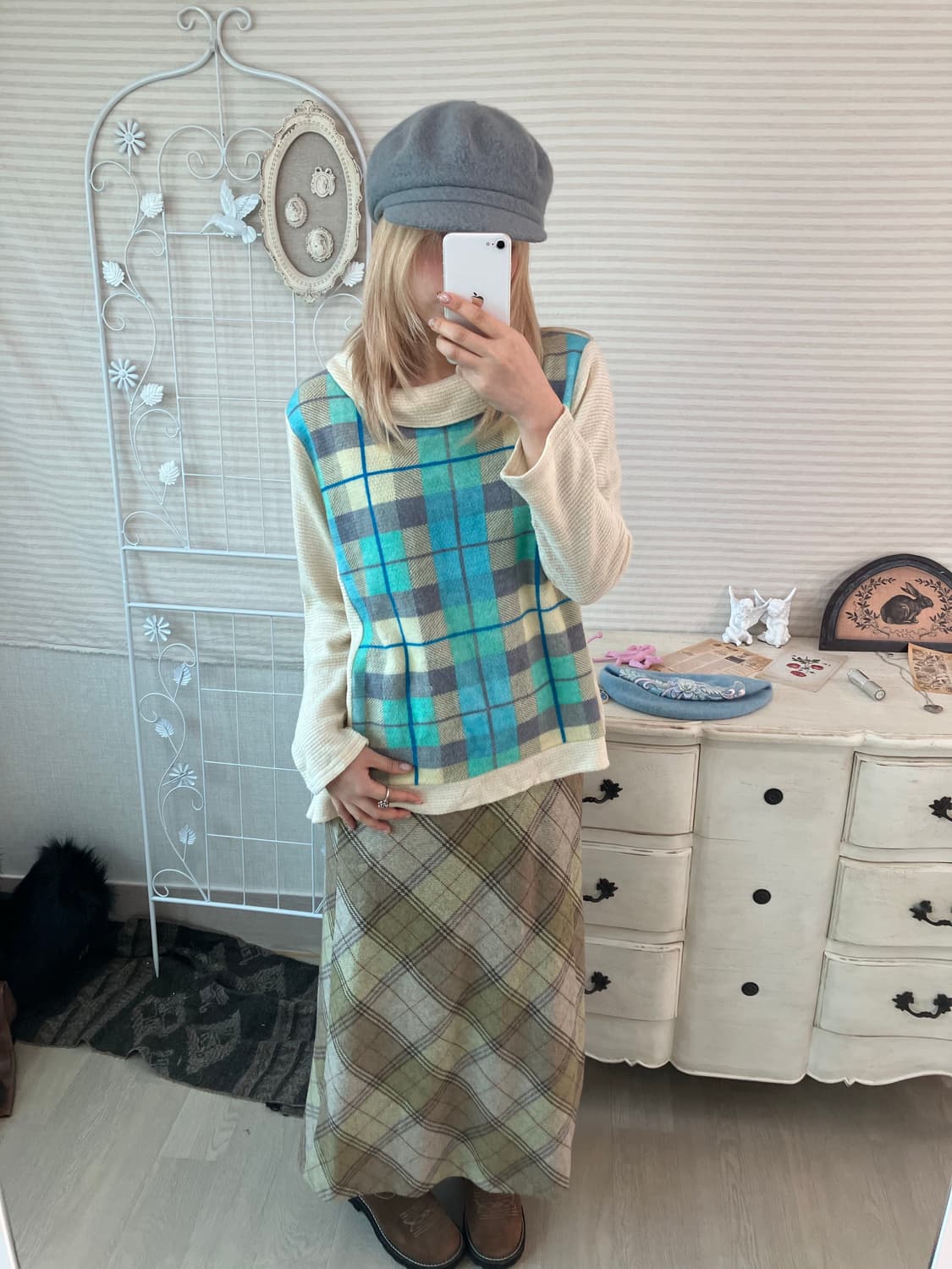 jpn vintage olive khaki check wool skirt 상품이미지5