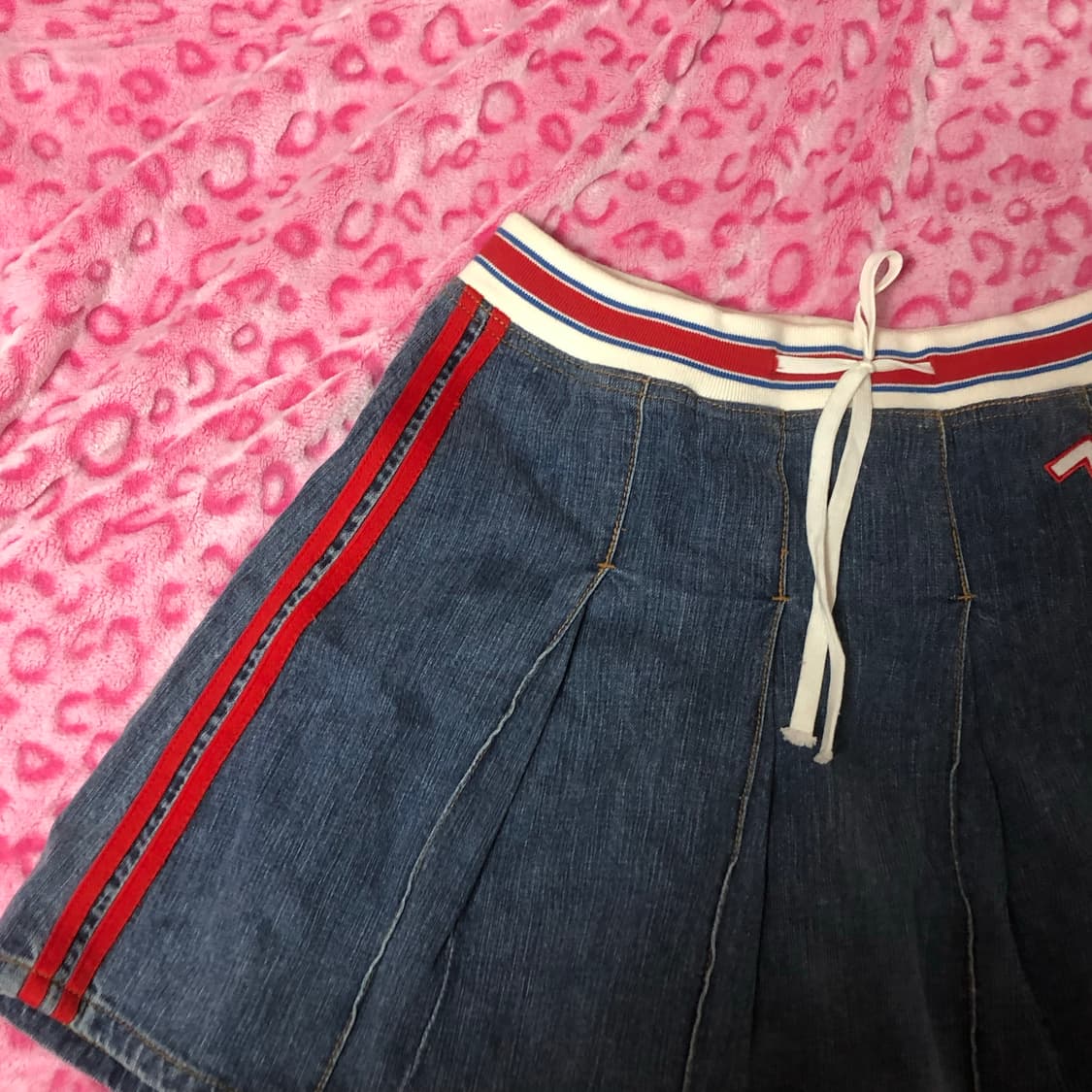 빈티지 플리츠 미디 데님 레드 포인트 스커트 치마 상품이미지2