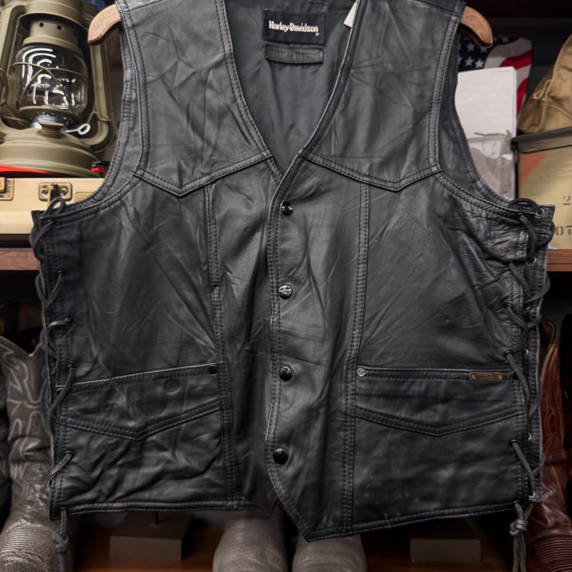 80s 90s 할리데이비슨 후면 빅 로고 바이커 레더 베스트 N229 상품이미지4
