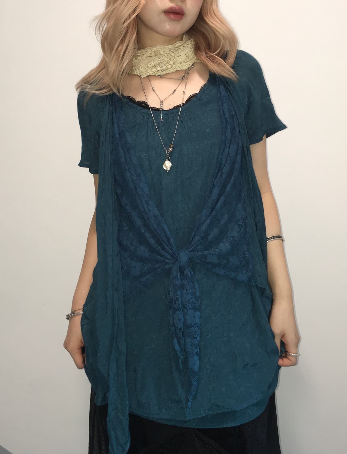 Axes femme blue dot ribbon blouse dress 상품이미지3