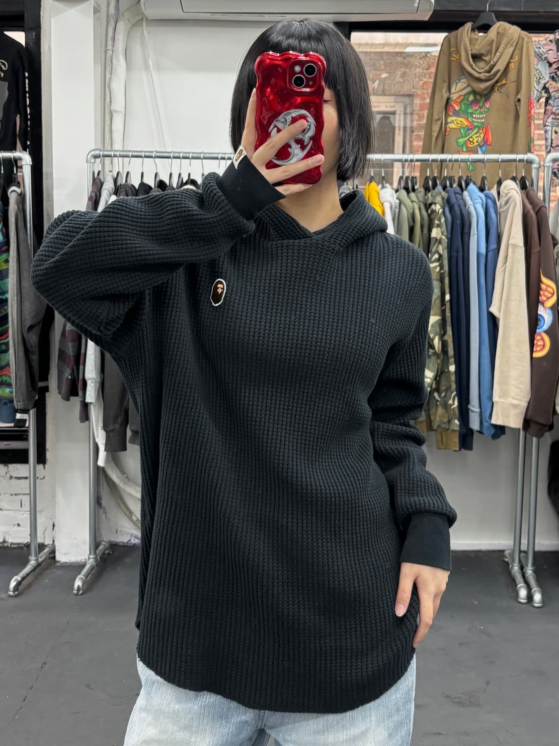 베이프 원포인트 와플 후드티셔츠 상품이미지1