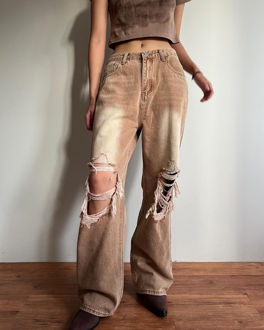 POEM 데미지 워싱 와이드 팬츠 27 디스트로이드진 찢청 갸루 로리걸 상품이미지1