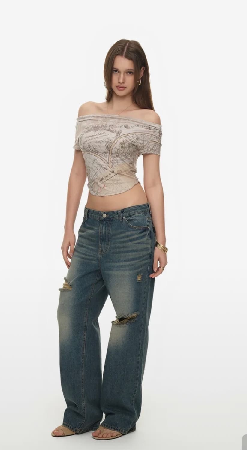 투머치텍스 원숄더 빈티지맵 티셔츠 상품이미지1