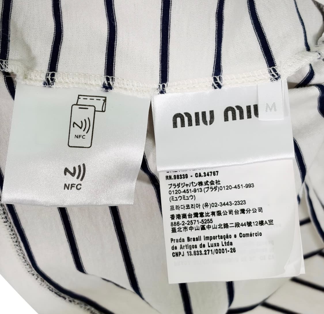 [M] 미우미우 여성 자수 로고 스트라이프 크롭 반팔 티셔츠 아이보리 상품이미지8