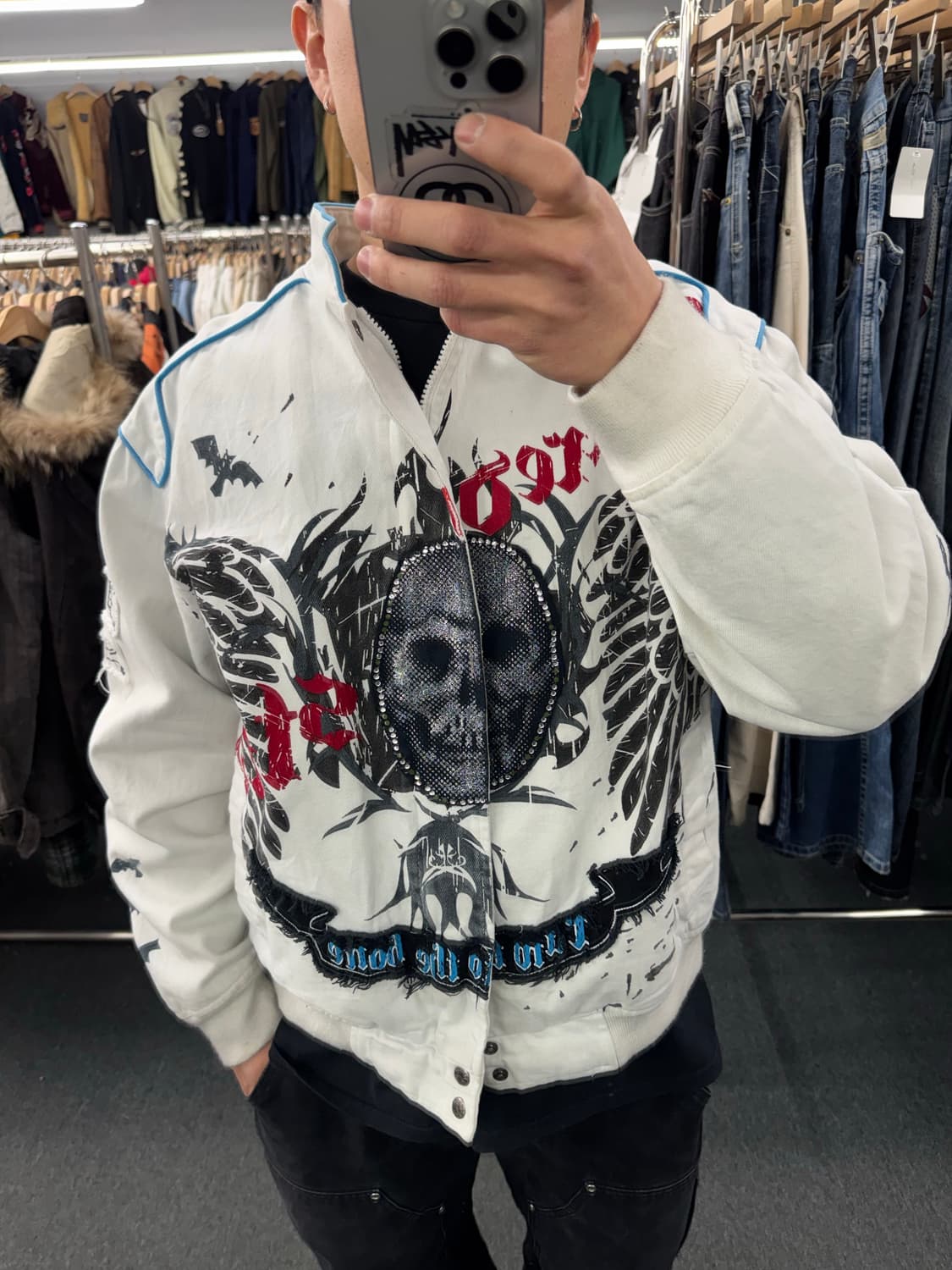 L)RAW BULE 빈티지 Y2K 스컬패치 블루종 자켓 상품이미지1