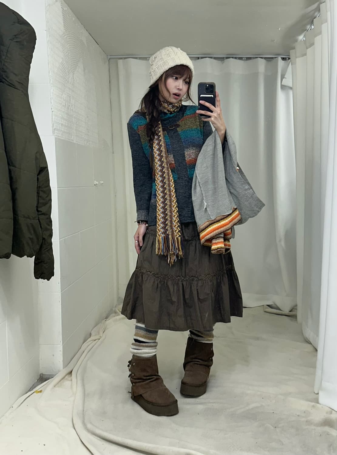 빈티지 히피 모리 카키 패딩 코디세트 상품이미지3