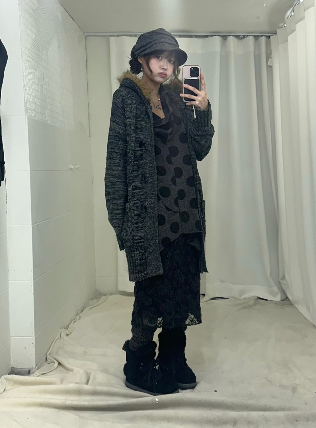 무채색 니혼진 도트 더블버튼 코트 코디세트 상품이미지2