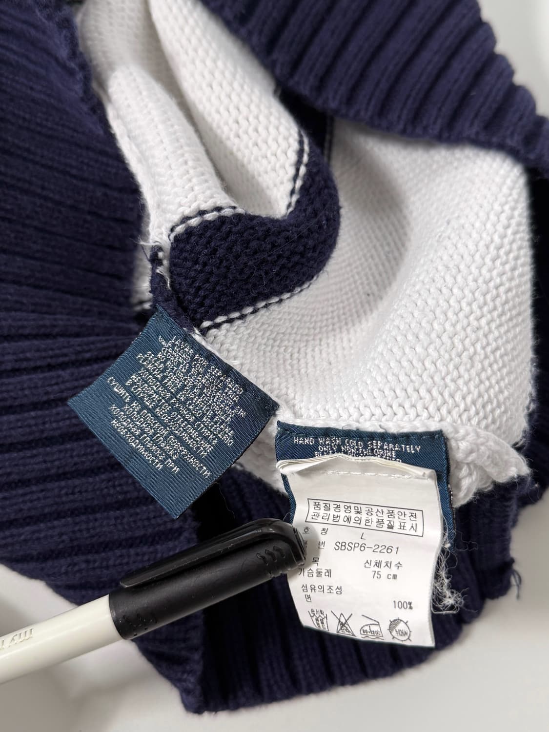 폴로 랄프로렌 화이트 스트라이프 엠브로이드 코튼 하프집 니트 상품이미지5