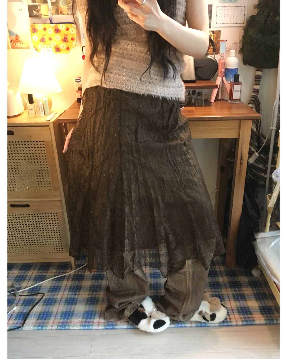 VINTAGE SHIRRING LACE LONG SKIRT BROWN 상품이미지3