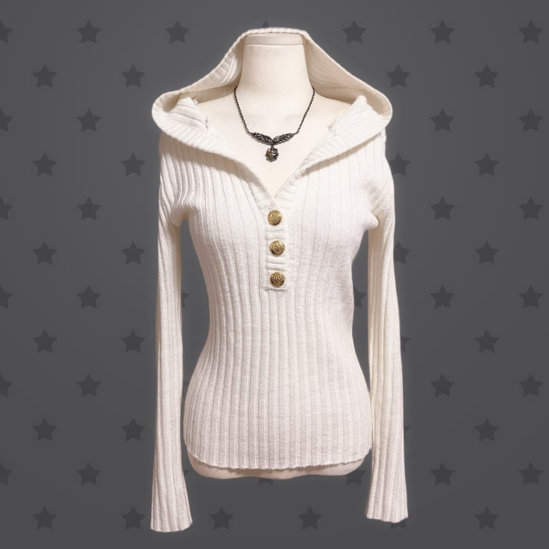 오네갸루 글리터 포인트 골지 브이넥 후드 생화이트 금장 단추 긴팔티  상품이미지1