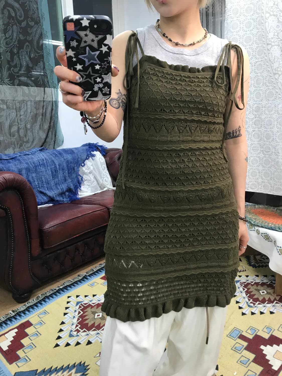 제페니즈 빈티지 여성 펀칭 니트 롱 민소매 원피스 (Z1004) 상품이미지2