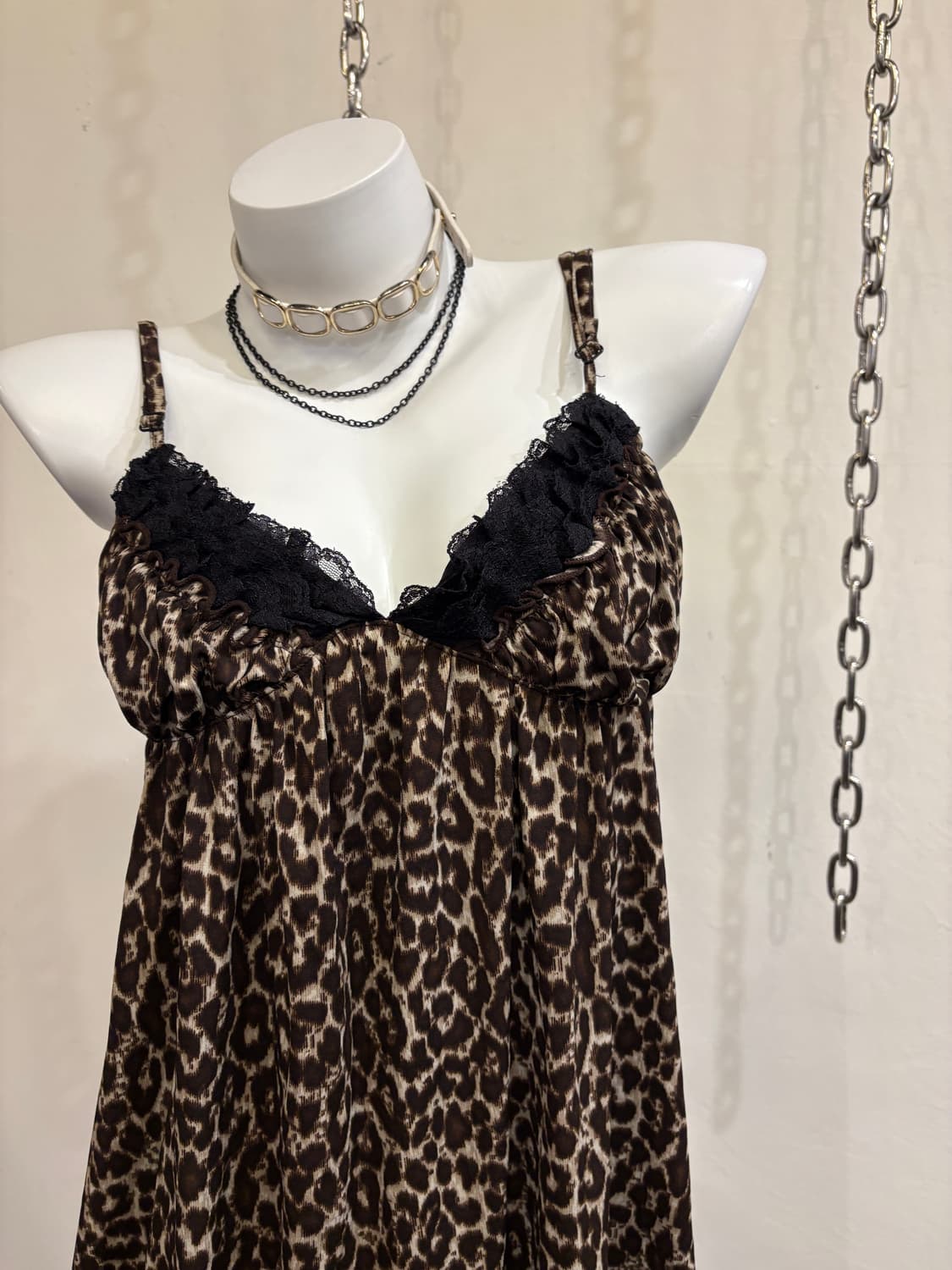 레오파드 패턴 레이스 브라운 슬리브리스 원피스 갸루 상품이미지2