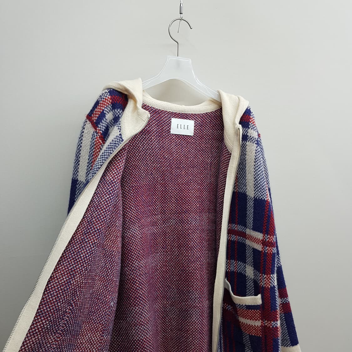 에르 ELLE 체크 패턴 니트 후드 집업 가디건 66사이즈 상품이미지6