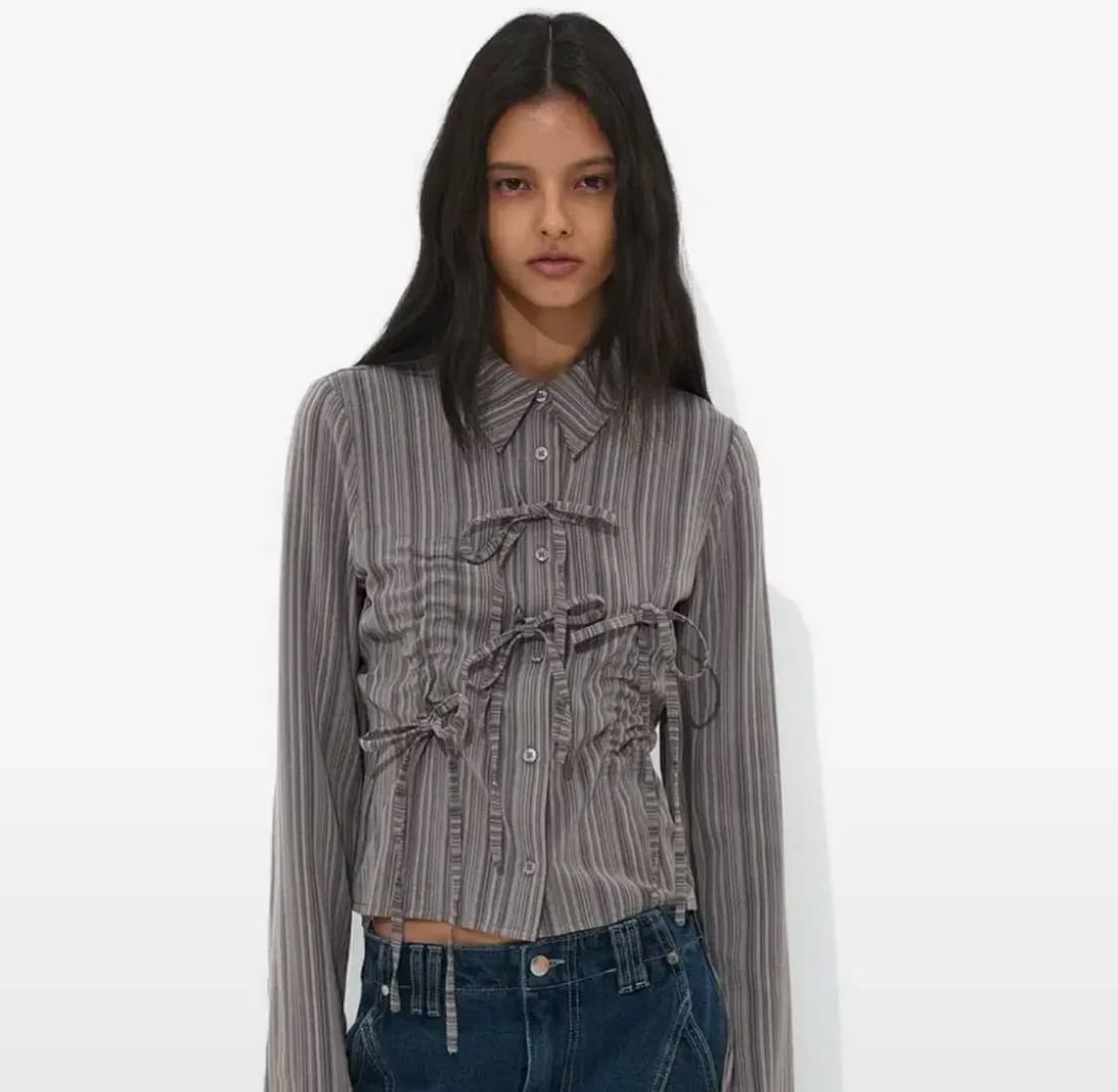 파르티멘토우먼 스트라이프 리본 드로우 스트링 셔 츠_차콜 상품이미지1