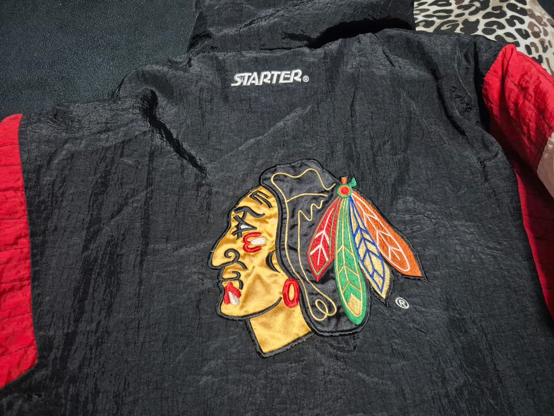 90's 스타터 X NHL 블랙 호크스 올드스쿨 하프집 아노락 XL 상품이미지7