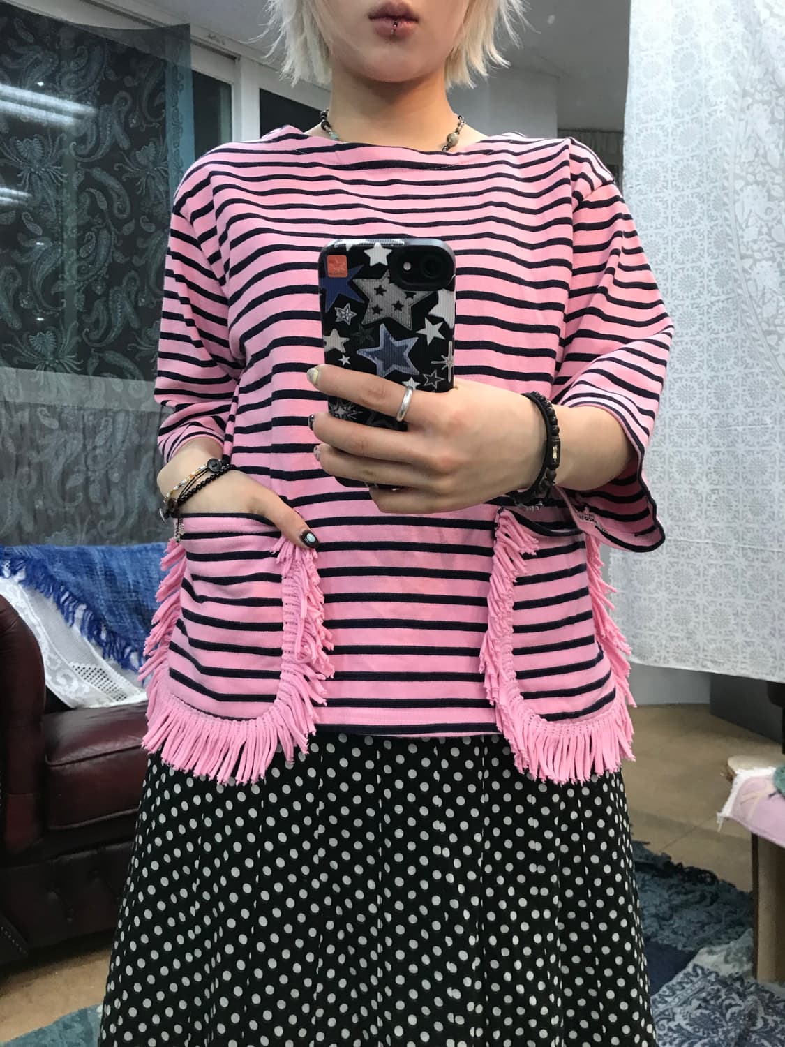 빈티지 여성 스트라이프 7부 반팔티  상품이미지1