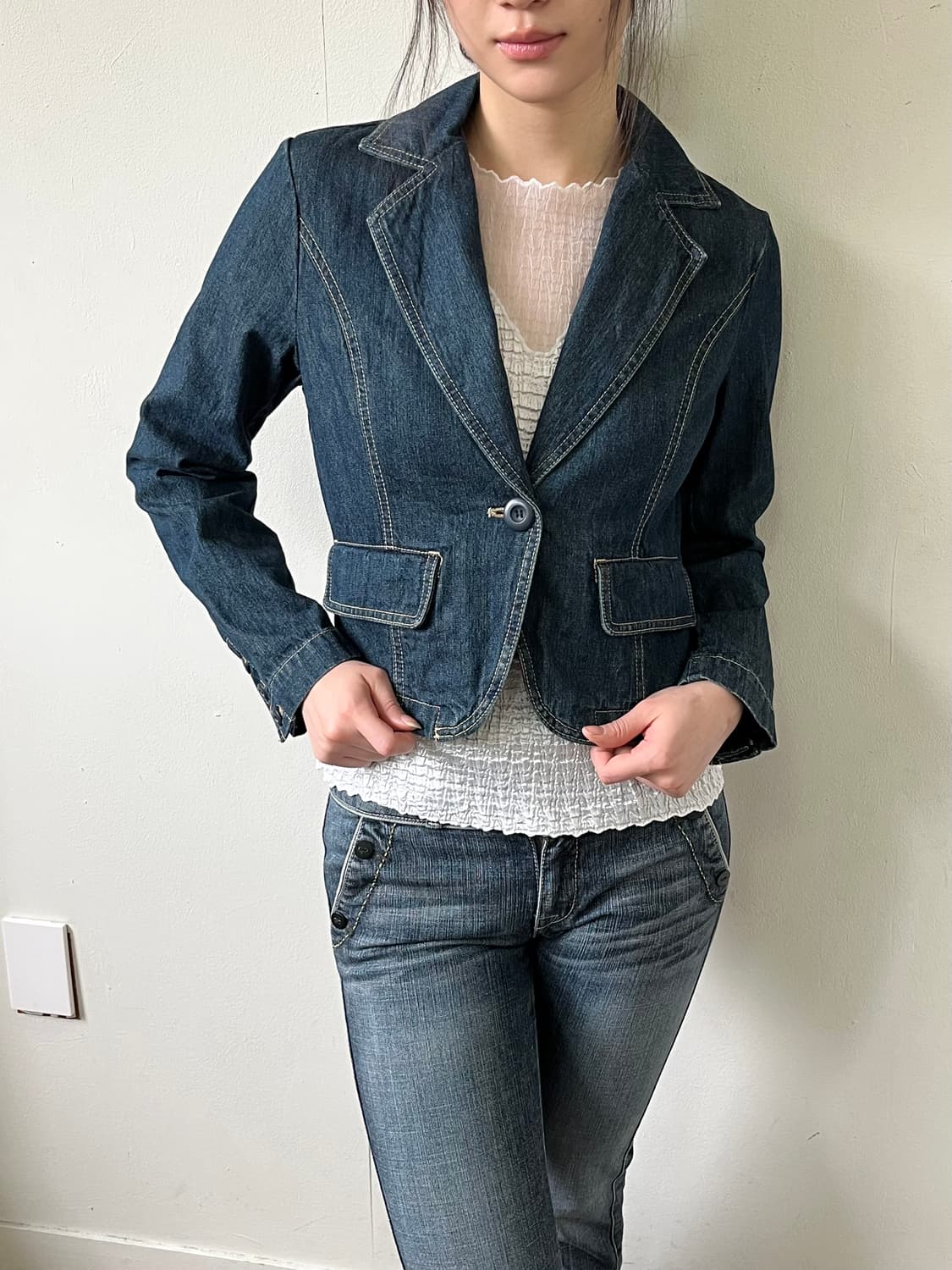 Japan vtg 원버튼 크롭 데님 자켓 상품이미지3