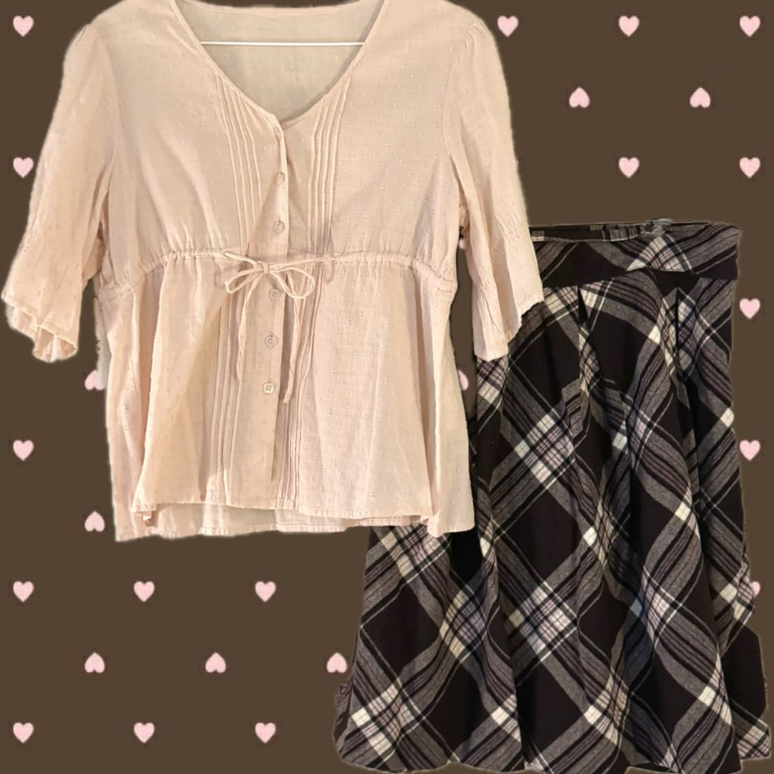 빈티지 초코딸기 블라우스 미디스커트 세트 상품이미지1