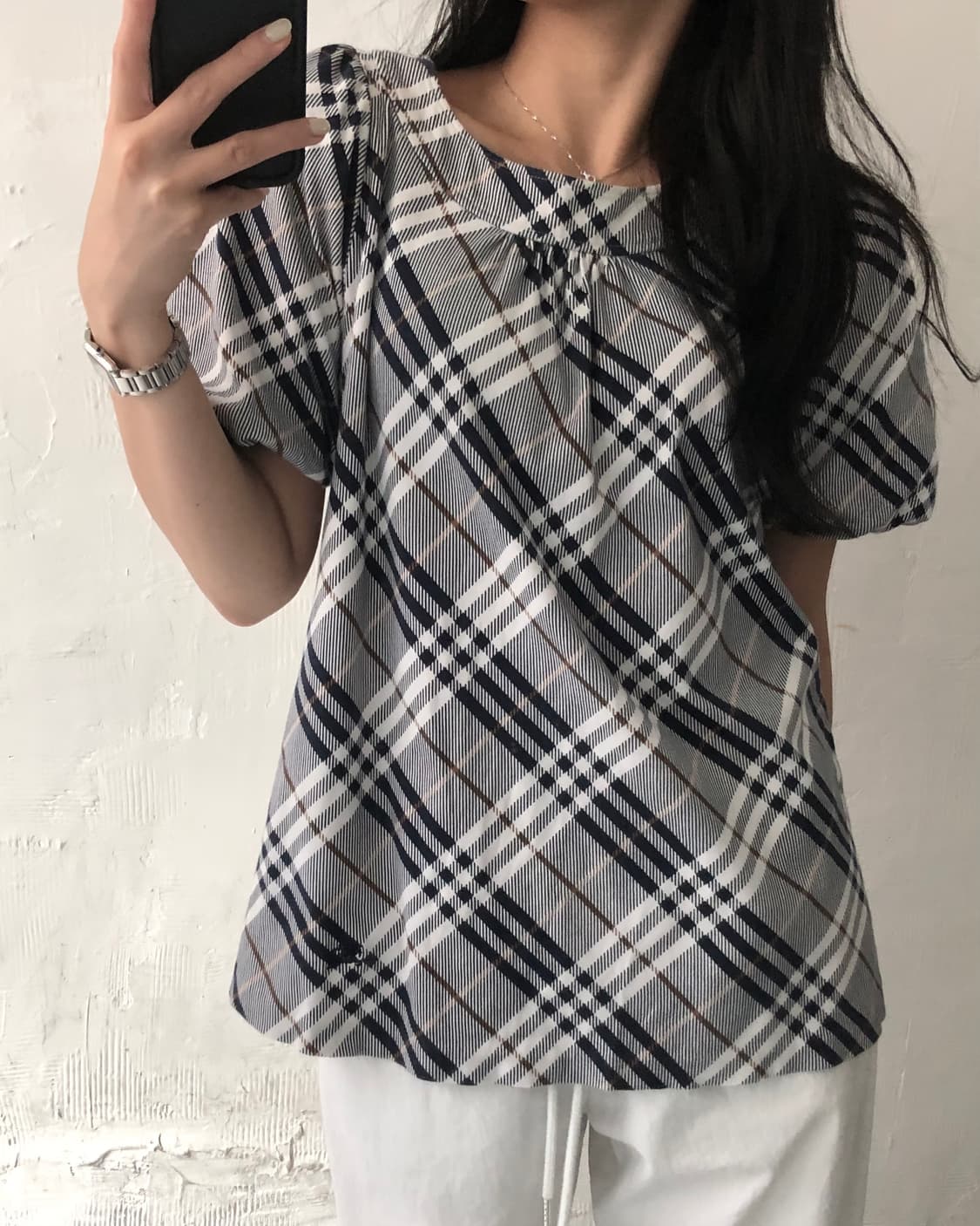 Burberry 버버리 블루라벨 블루 체크 반팔 퍼프 블라우스 상품이미지1