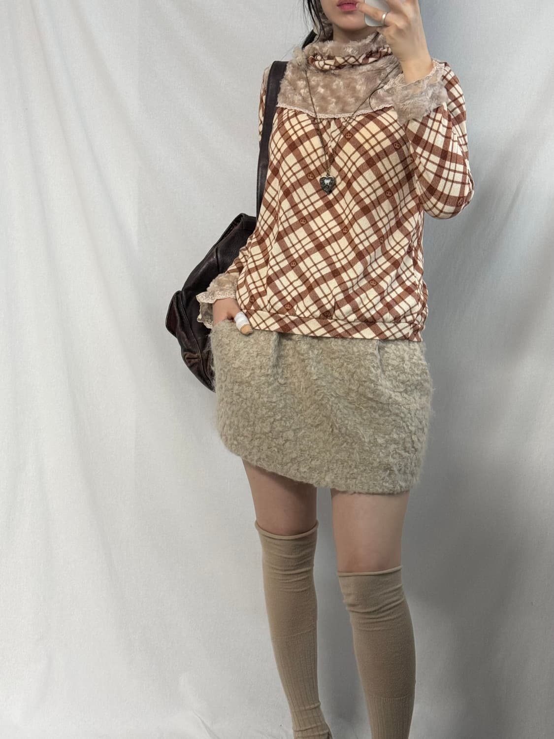 퍼 레이스 체크 패턴 니트 부클 스커트 2pcs SET 상품이미지2
