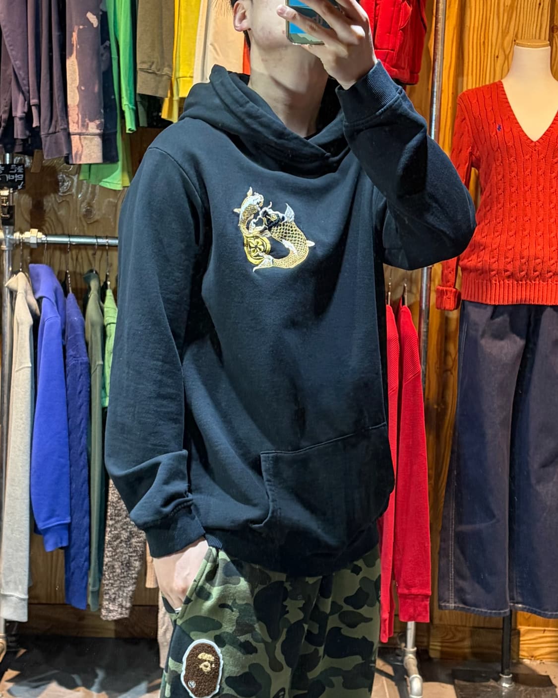 3XL Japan 잉어 자수 블랙 코튼 후드티 상품이미지2