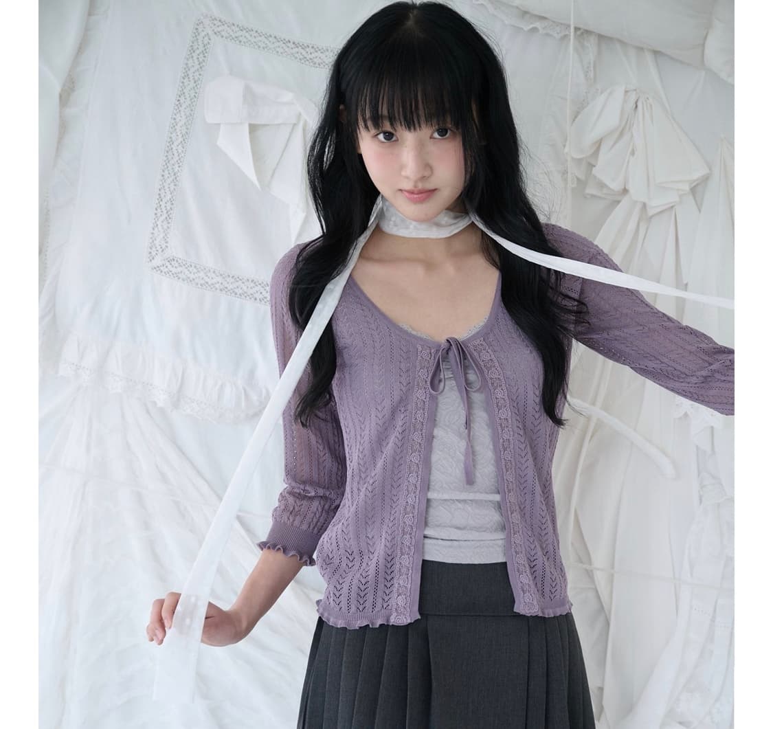 새상품 미레코 3/4 lace knit cardigan grape 상품이미지1