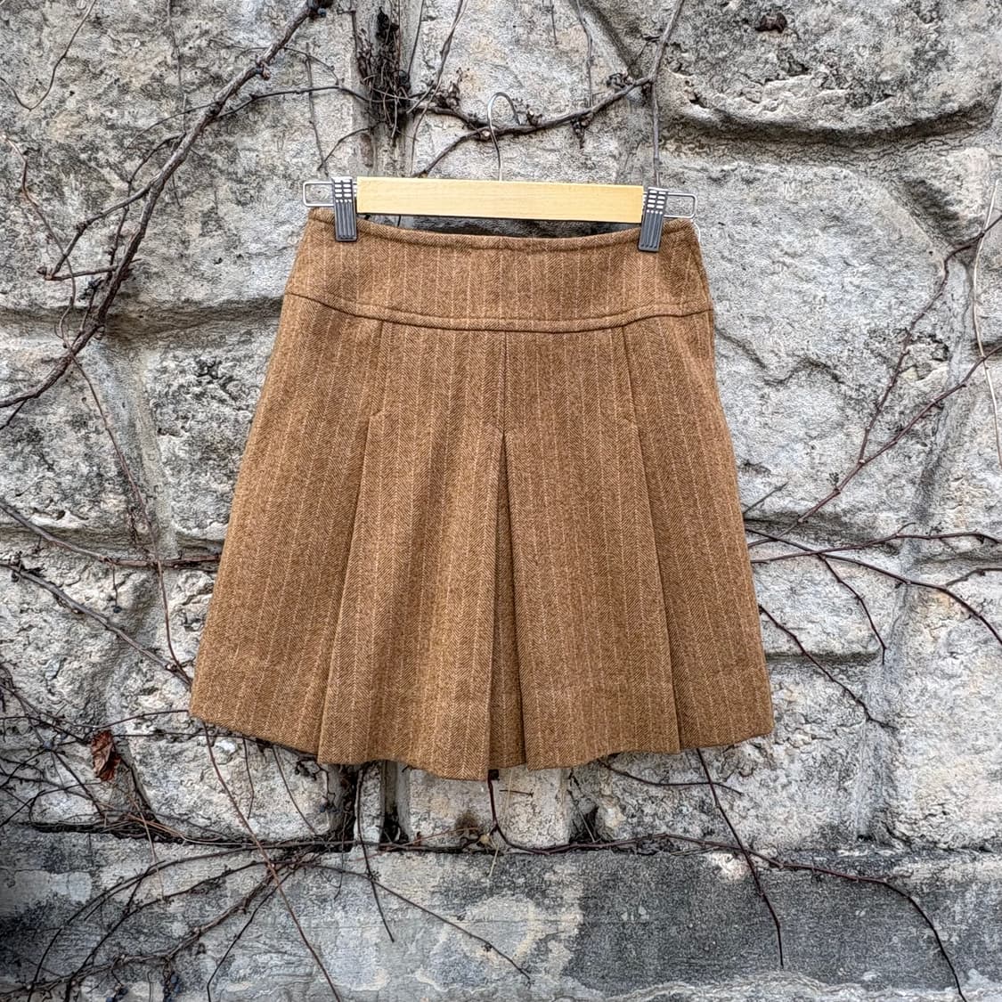 클래식 브라운 플리츠 A라인 미니 스커트 빈티지 체크 패턴 울 치마 상품이미지1