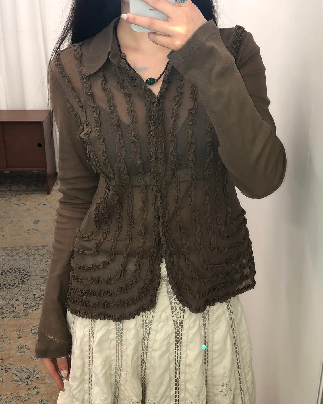 브라운 시스루 프릴 셔츠 상품이미지1