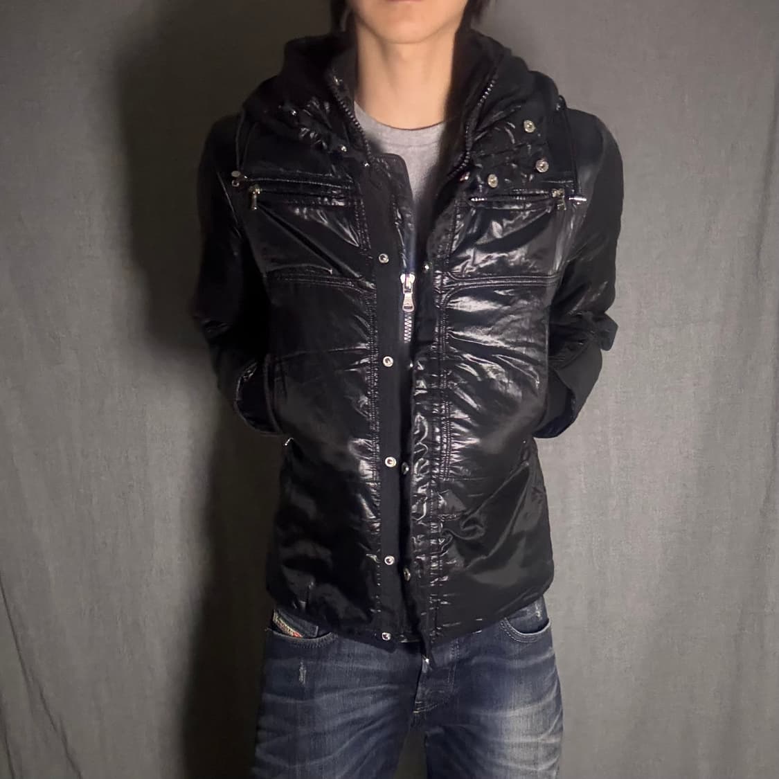 블랙 유광 후드 패딩 점퍼 상품이미지2