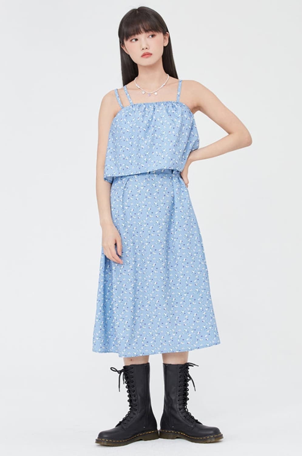 타겟토 플라워패턴 레이어드 원피스 새상품 (F/스카이블루) 상품이미지1
