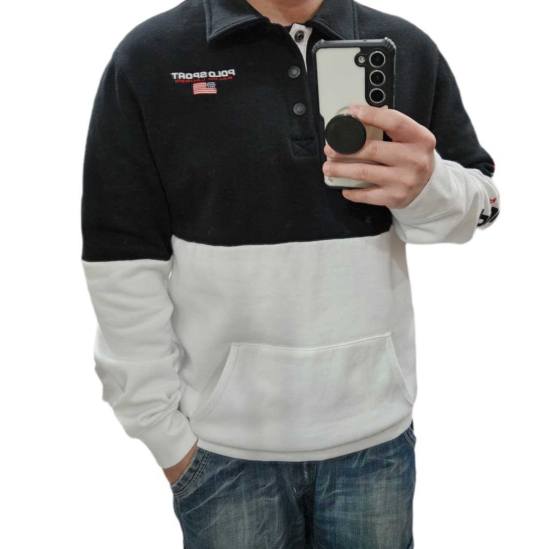 폴로 스포츠 블랙 화이트 카라 기모 맨투맨 상품이미지1