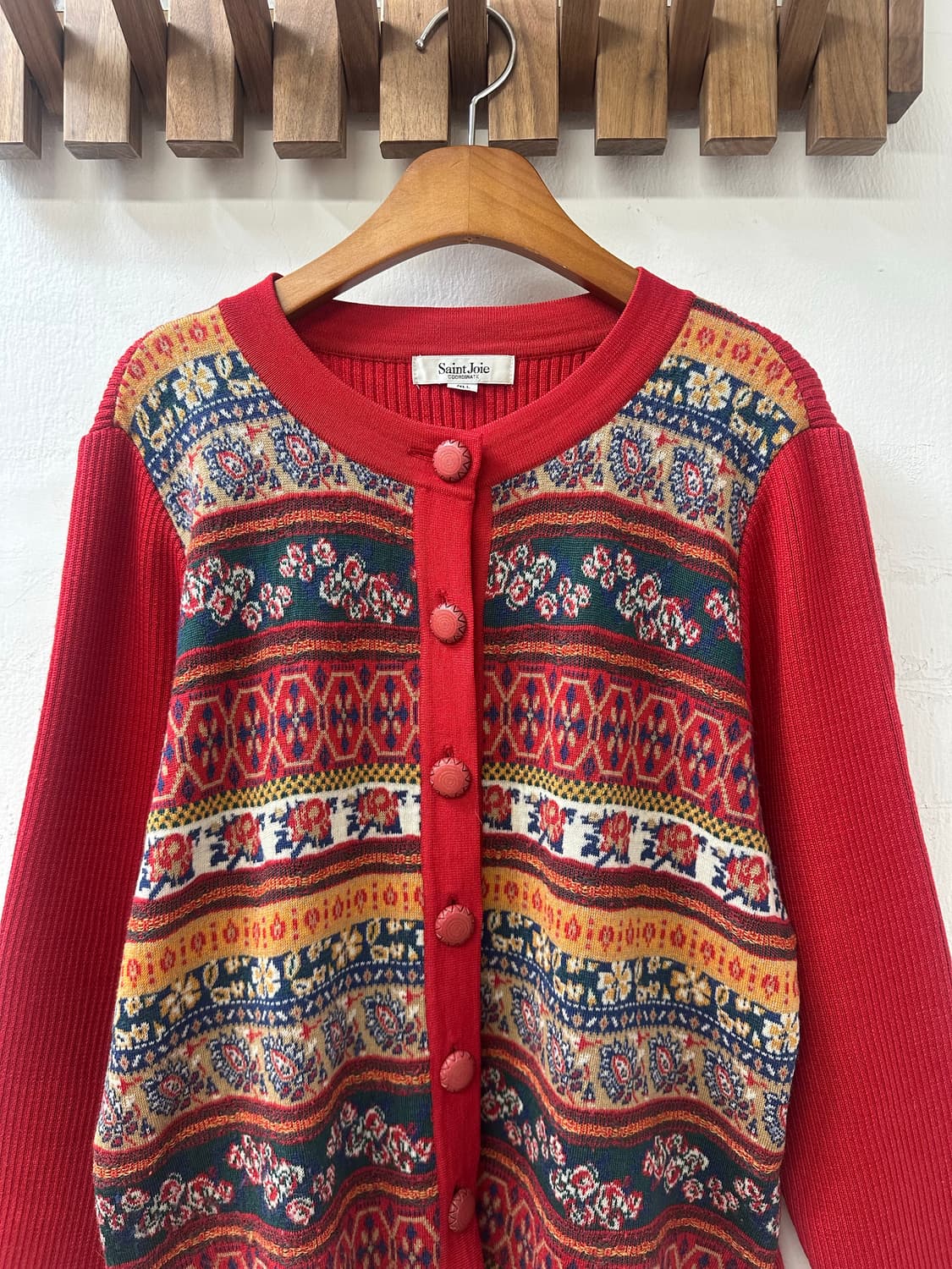 일본빈티지 울100% 페어아일 패턴 커버드 버튼 니트 가디건 상품이미지3