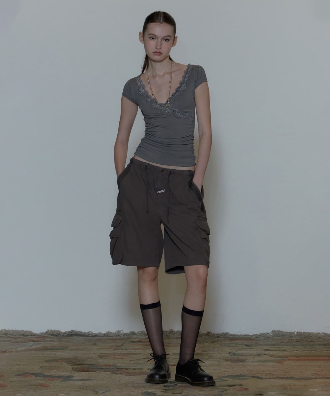 Lace Trim Wrap Tee Charcoal 상품이미지3