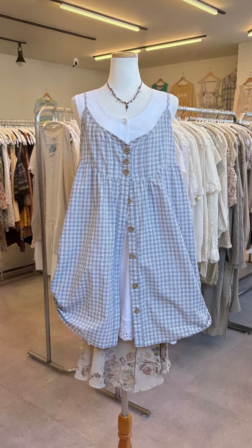 일본빈티지 모리걸 블루 그레이 체크 바선생 원피스 상품이미지1