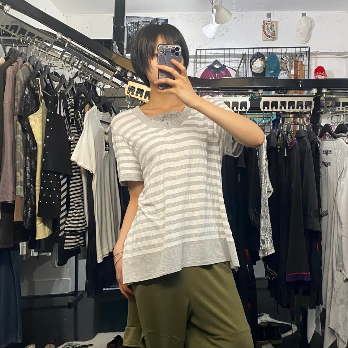 Theoria 모리 레이스 디테일 스트라이프 반팔 티셔츠 상품이미지8