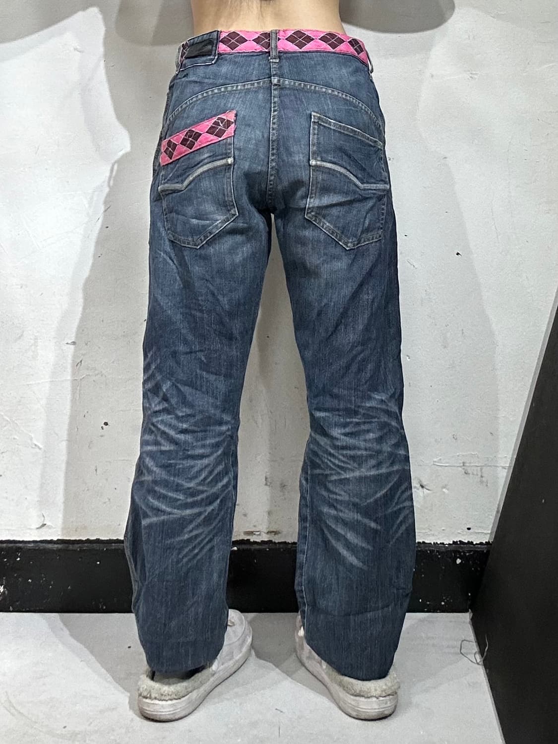 90s 일본 빈티지 나바호 체크 캣 워싱 와이드 데님 워크 팬츠 청바지  상품이미지3