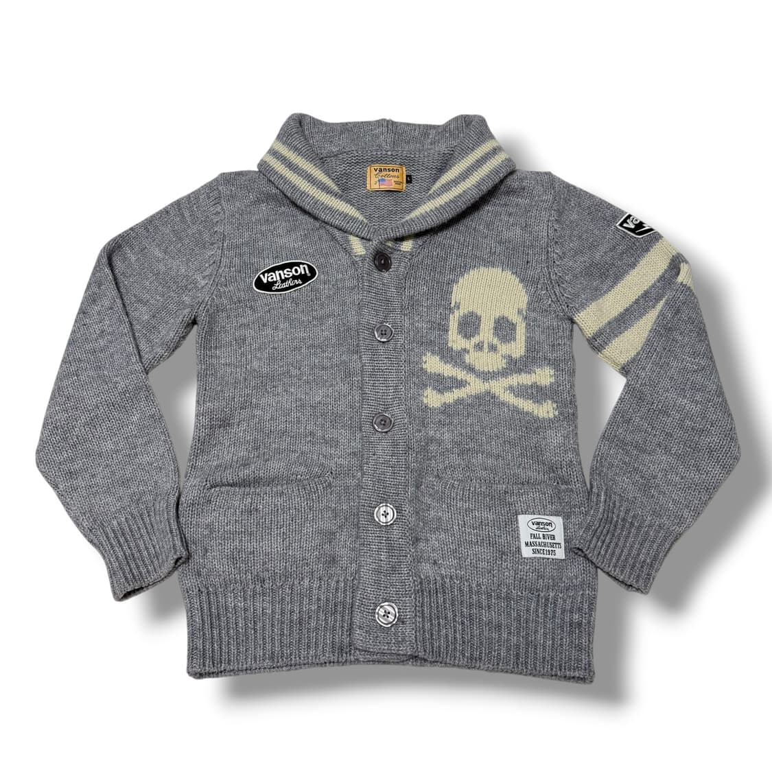 밴슨 레더 스컬 숄카라 니트 가디건 코위찬 그레이 상품이미지1