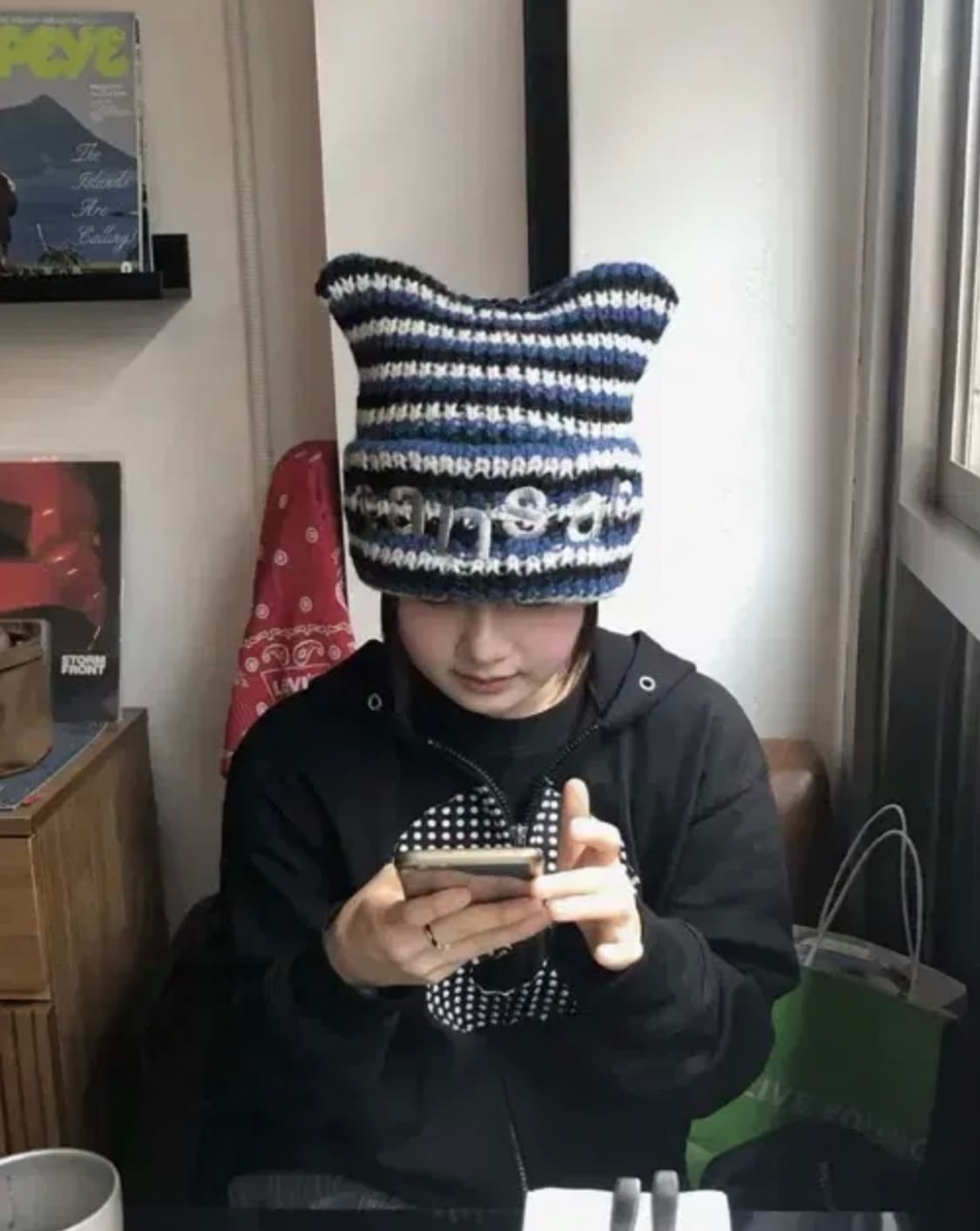 탄산마그네슘 로고 캣 비니 고양이비니 블루 스트라이프 상품이미지1