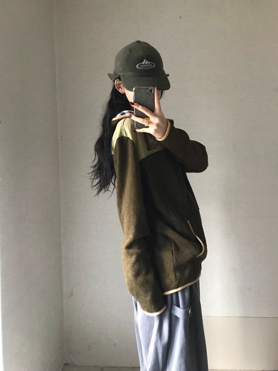 노페 카키브라운 체크후드 후리스 상품이미지5