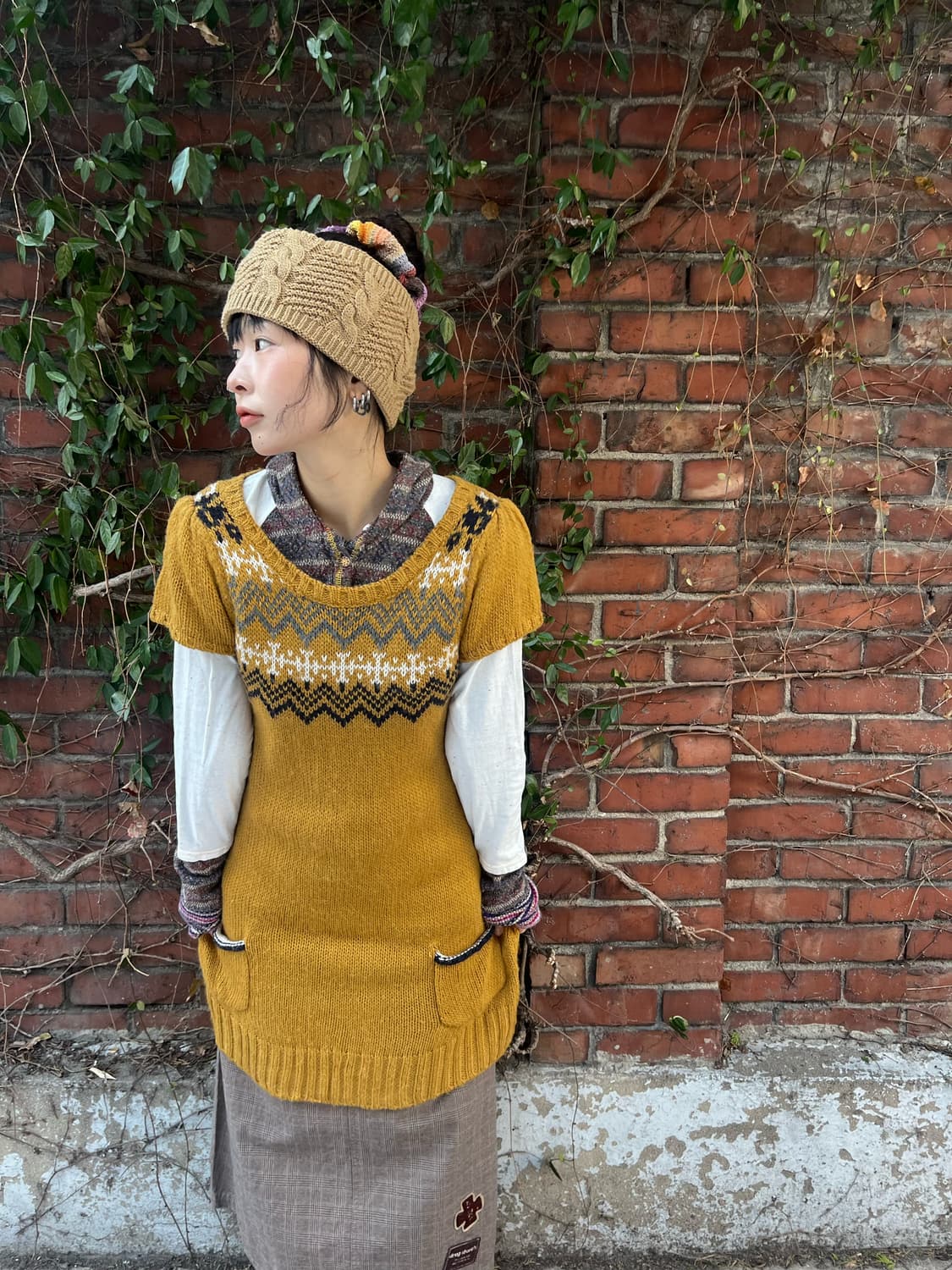 머스타드 니트 레이어드 원피스 상품이미지2