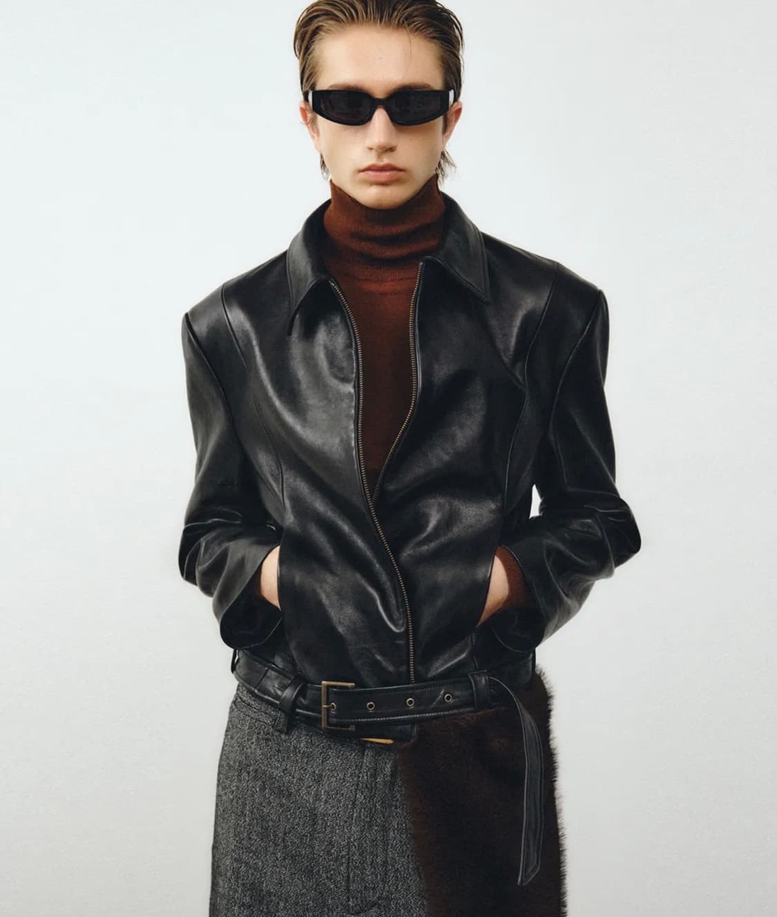 노이어 램스 레더 벨티드 크롭 자켓 블랙 52사이즈 상품이미지2